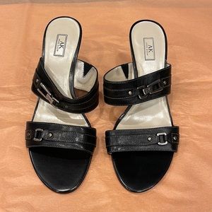 Anne Klein black slip on high heeled shoes, see description on sizing.  Open toe